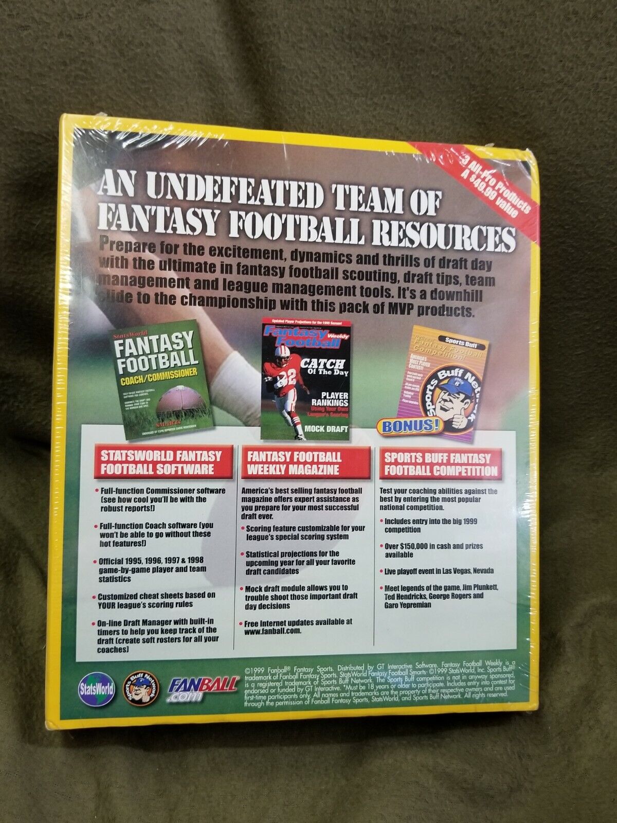 A software box back containing StatsWorld Football SMARTs PC software for both commissioners and coaches