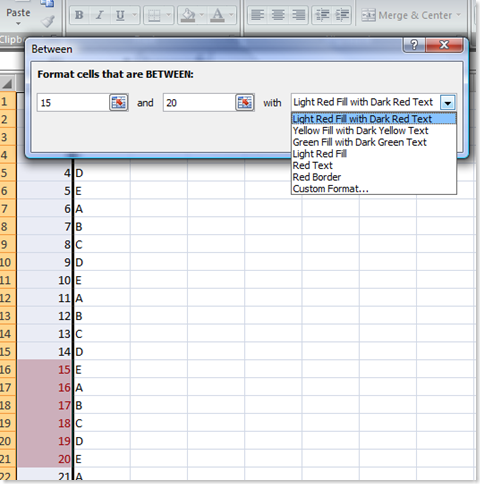 Format cells that are BETWEEN