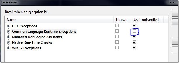 Uncheck User-unhandled Common Language Runtime Exceptions